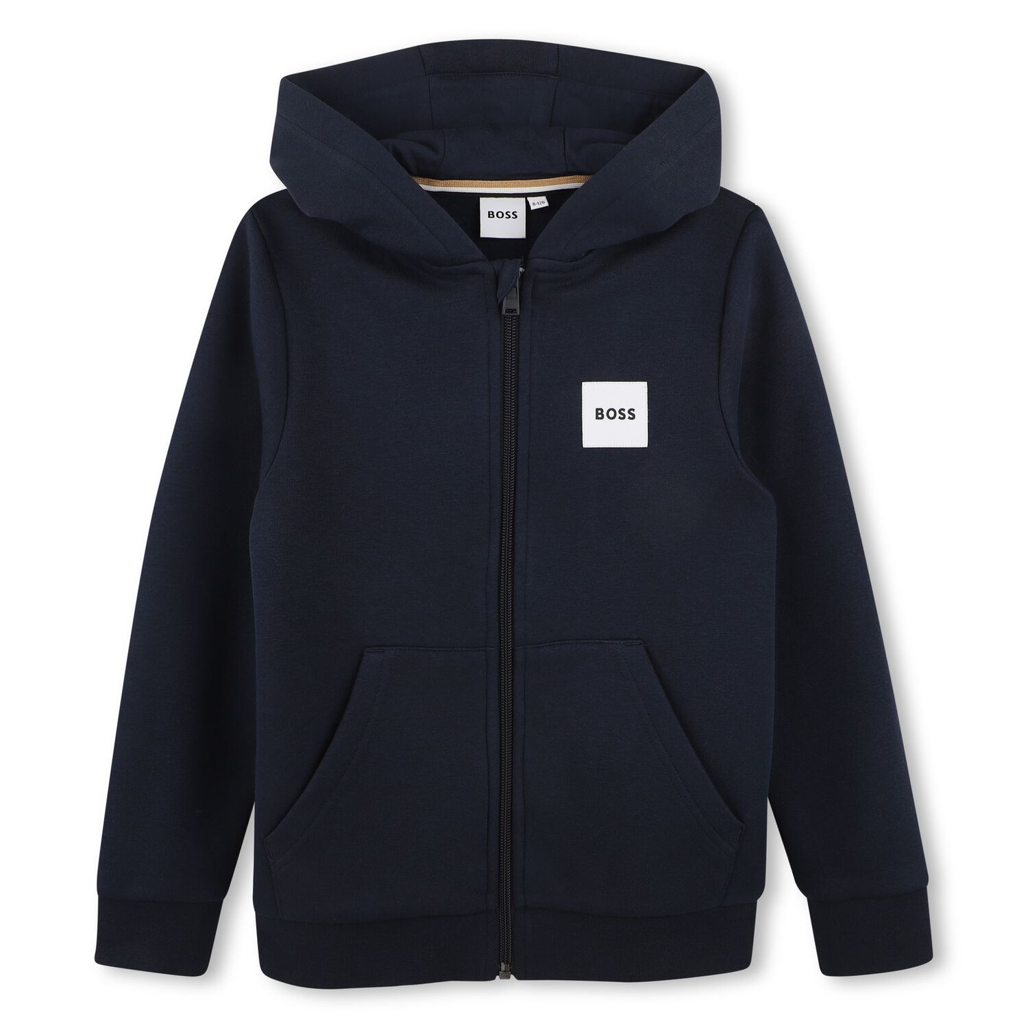 Boys Navy Blue Logo Hooded Zip Up Top, 2, hi-res
