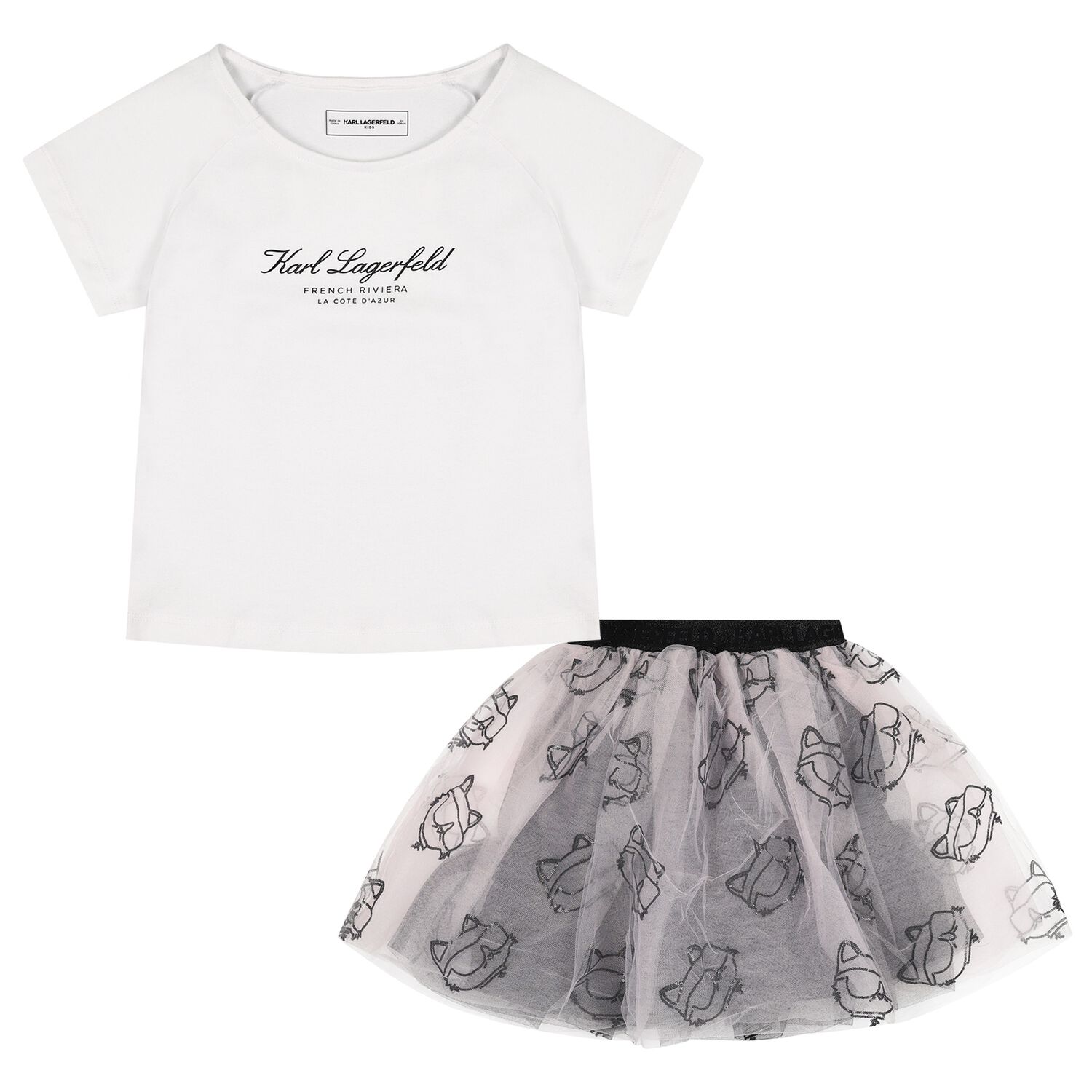 Girls White & Pink Tulle Choupette Skirt Set, 1, hi-res