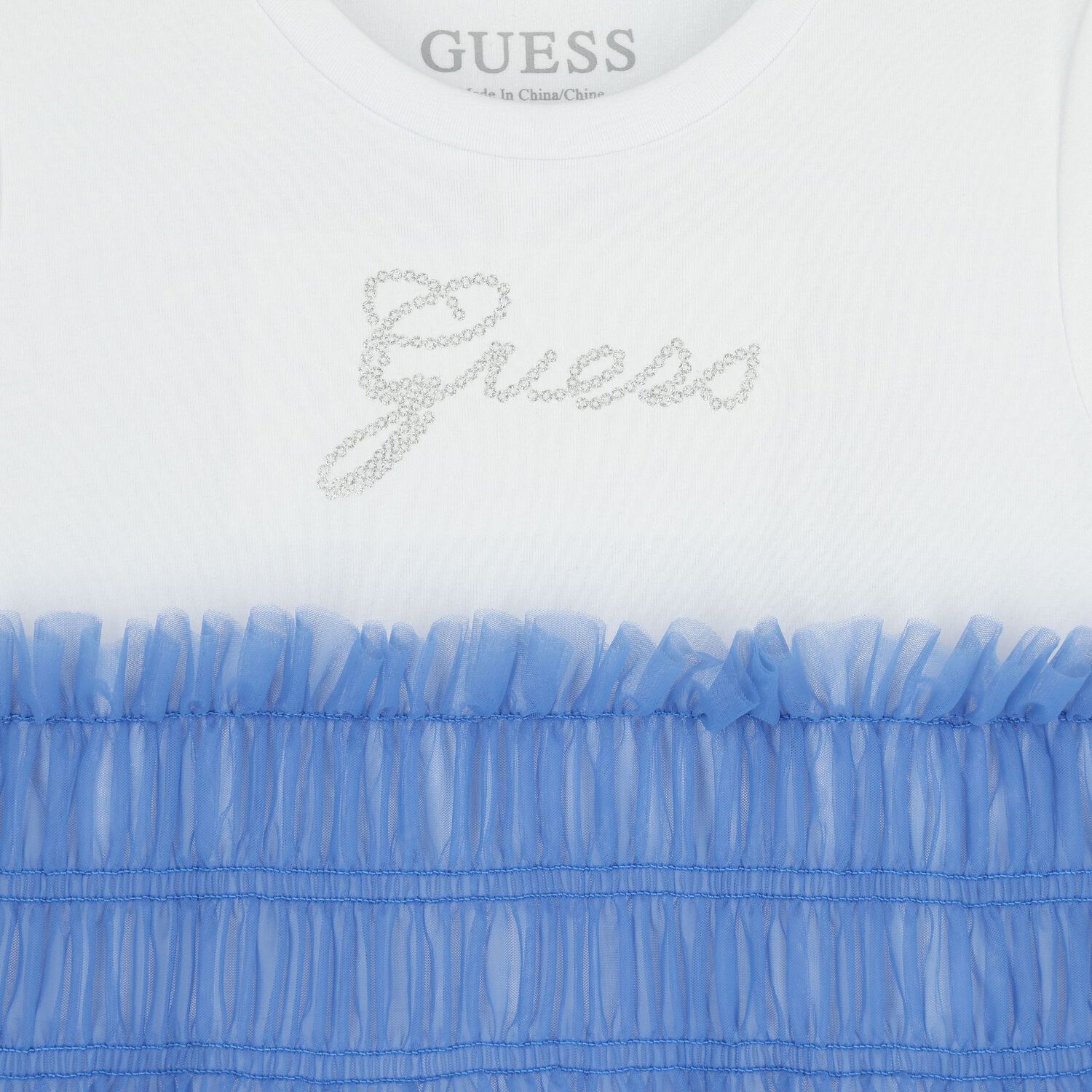 Girls White & Blue Logo Tulle Dress, 2, hi-res