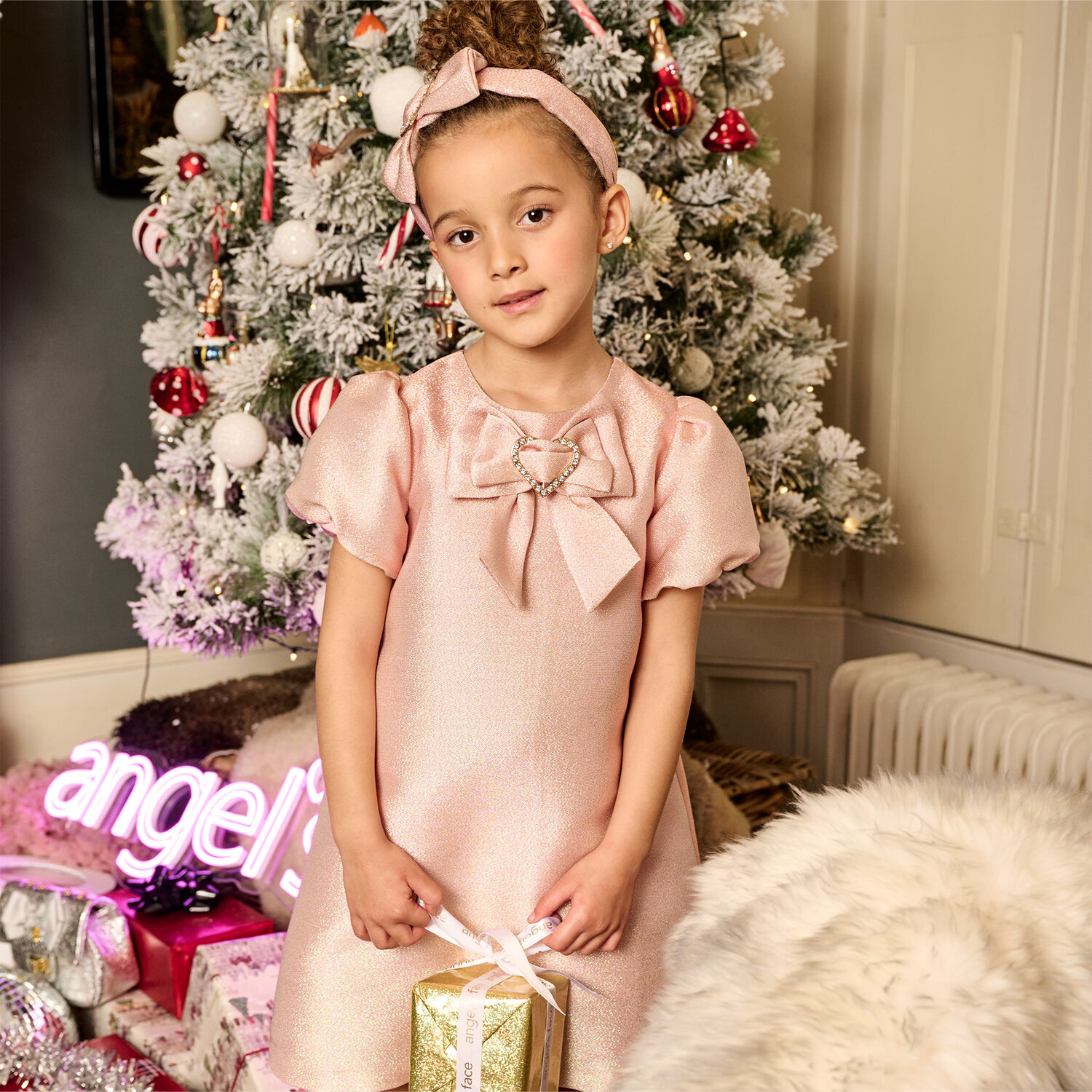 Girls Pink Embellished Bow Dress, 1, hi-res
