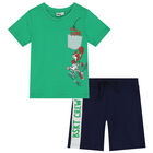 Boys Green & Navy Blue Dogs Shorts Set, 1, hi-res