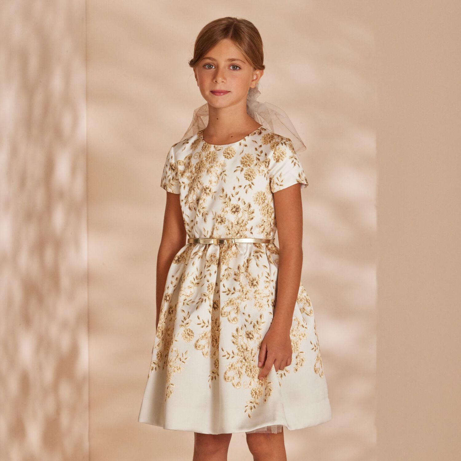 Girls Gold & White Floral Dress, 1, hi-res image number null