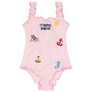 Girls Pink & White Striped Swimsuit