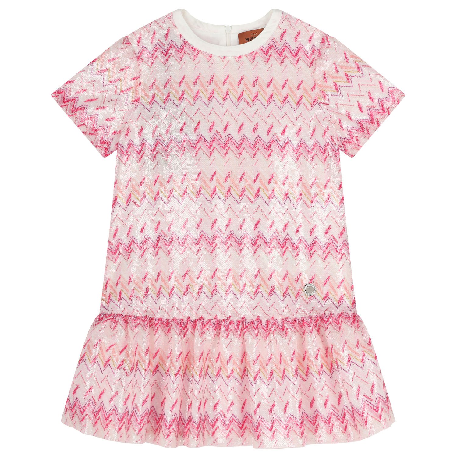 Girls White & Pink Zig Zag Embellished Sequin Dress, 1, hi-res