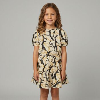 Girls Beige & Black Puffed Sleeve Top