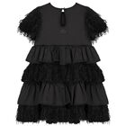 Girls Black Tiered Satin Dress, 1, hi-res