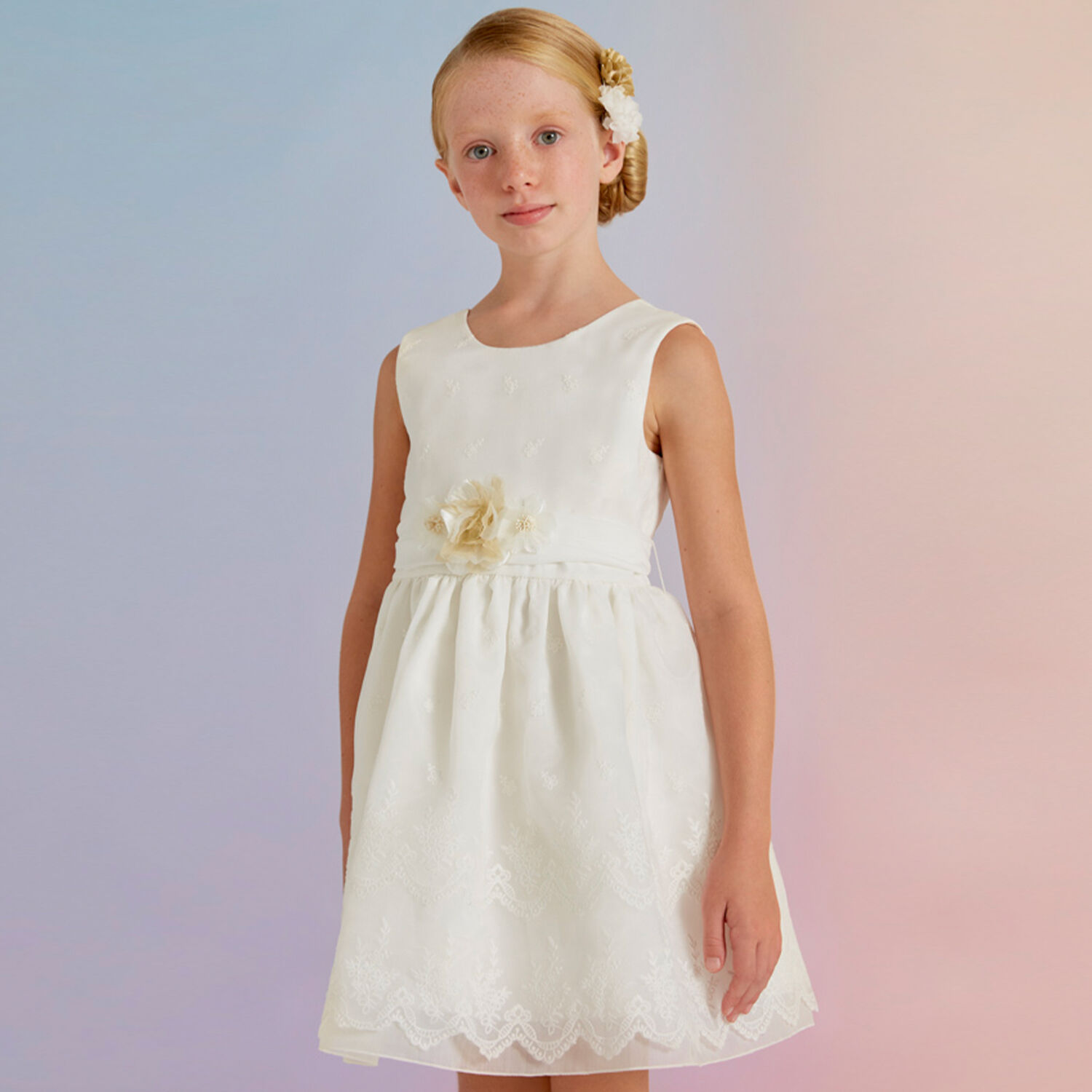 Girls White Embroidered Organza Dress, 2, hi-res