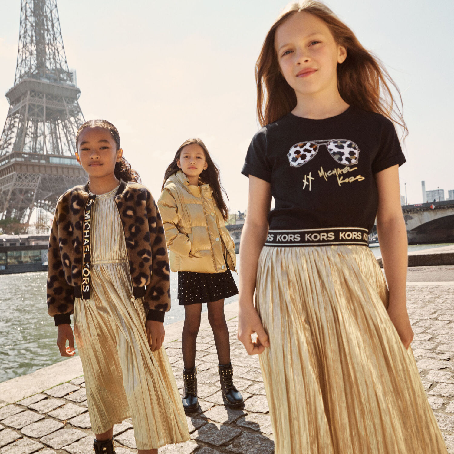 Girls Gold Logo Pleated Skirt, 1, hi-res