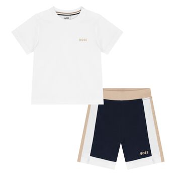 Younger Boys White & Navy Blue Shorts Set