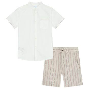 Boys White & Beige Shorts Set