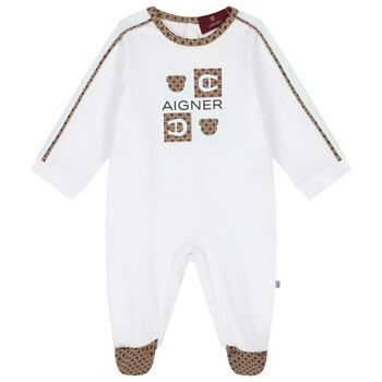 Baby Boys White & Blue Logo Babygrow