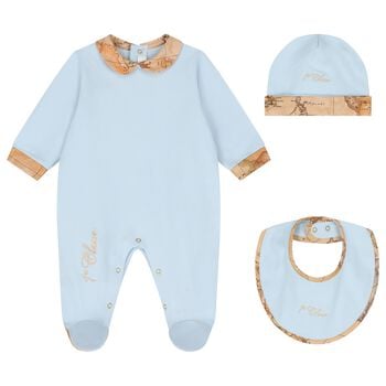 Baby Boys Blue & Beige Geo Map Babygrow Gift Set