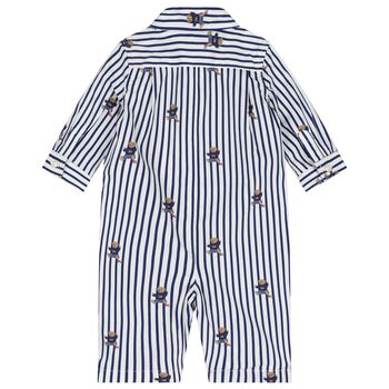 Baby Boys White & Blue Polo Bear Striped Romper