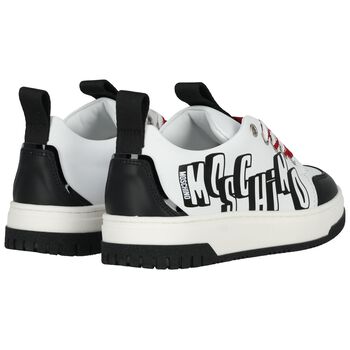 White & Black Logo Leather Trainers
