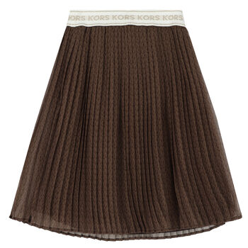 Girls Brown Pleated Logo Skirt