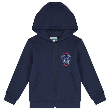Boys Navy Blue Elephant Logo Hooded Zip Up Top