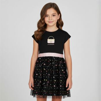 Girls Black Logo Sequin Dress