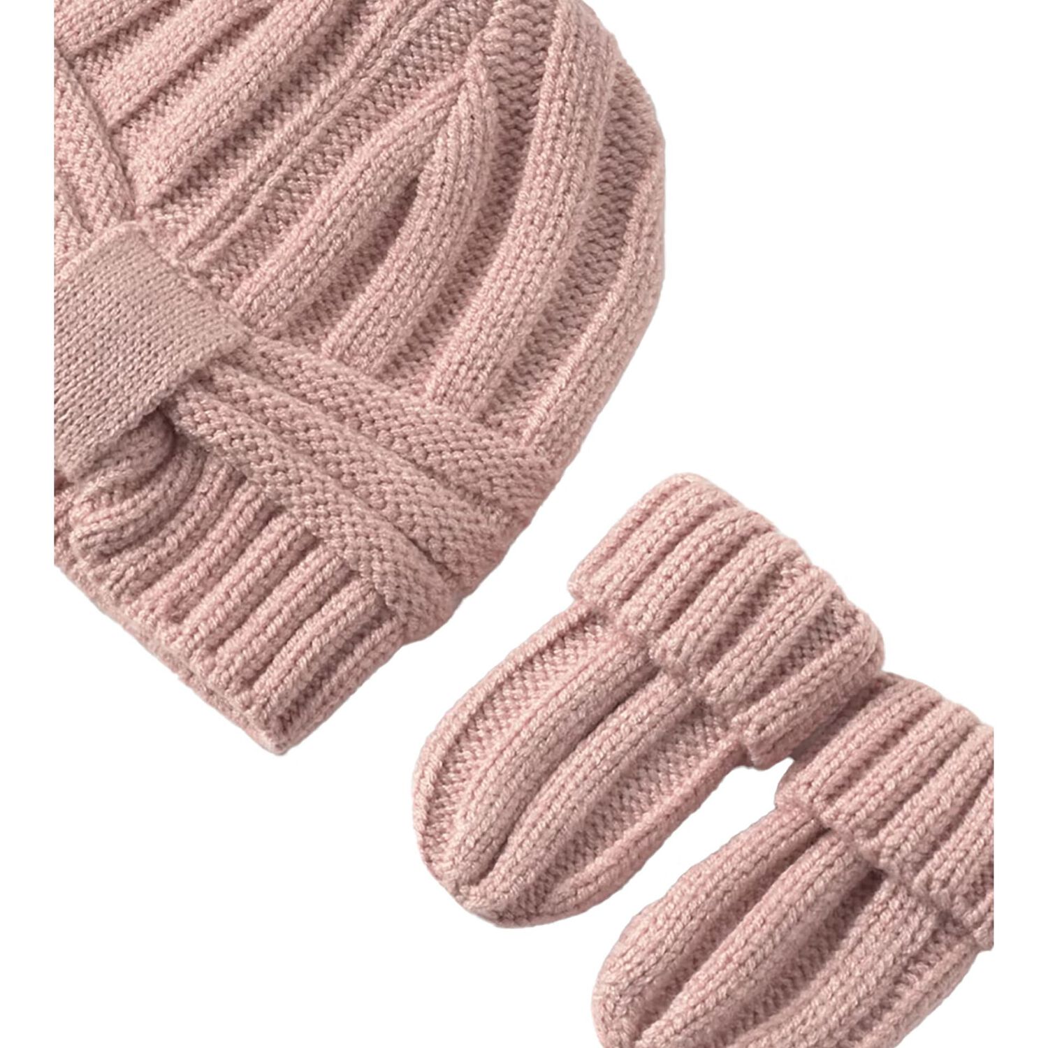 Baby Girls Pink Knitted Hat & Mittens Set, 2, hi-res