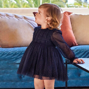 Younger Girls Navy Blue & Gold Glitter Tulle Dress