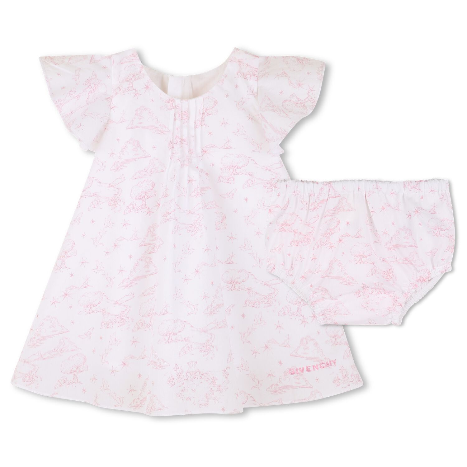 Baby Girls White & Pink Toile de Jouy Dress Set, 1, hi-res