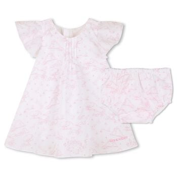 Baby Girls White & Pink Toile de Jouy Dress Set