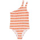 Girls White & Orange Logo Striped Swimsuit, 1, hi-res