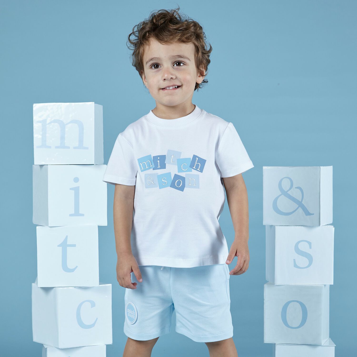 Boys White & Blue Logo Short Set, 1, hi-res