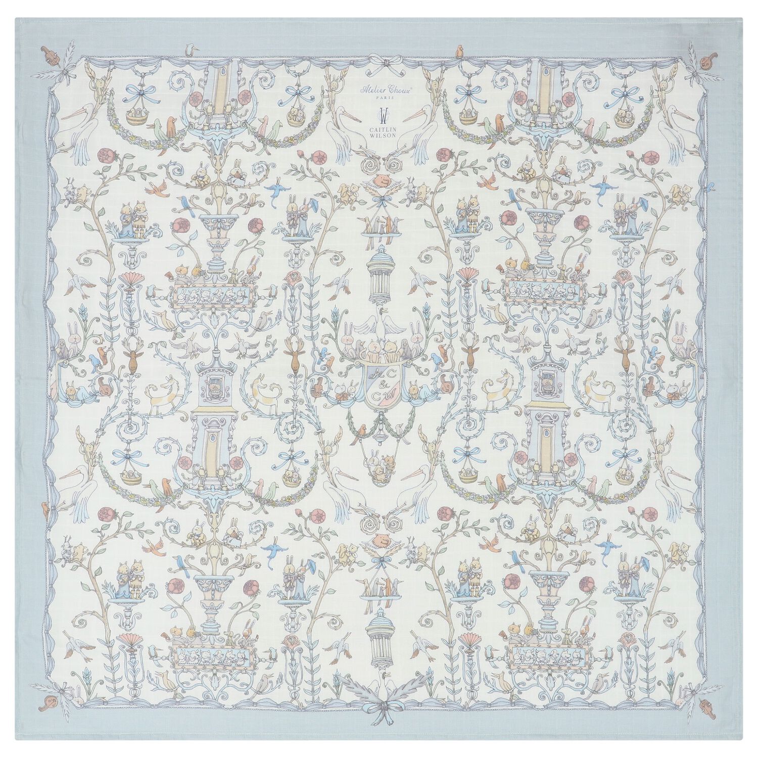Ivory & Blue Toile de Jouy Swaddle Carré Blanket, 1, hi-res image number null