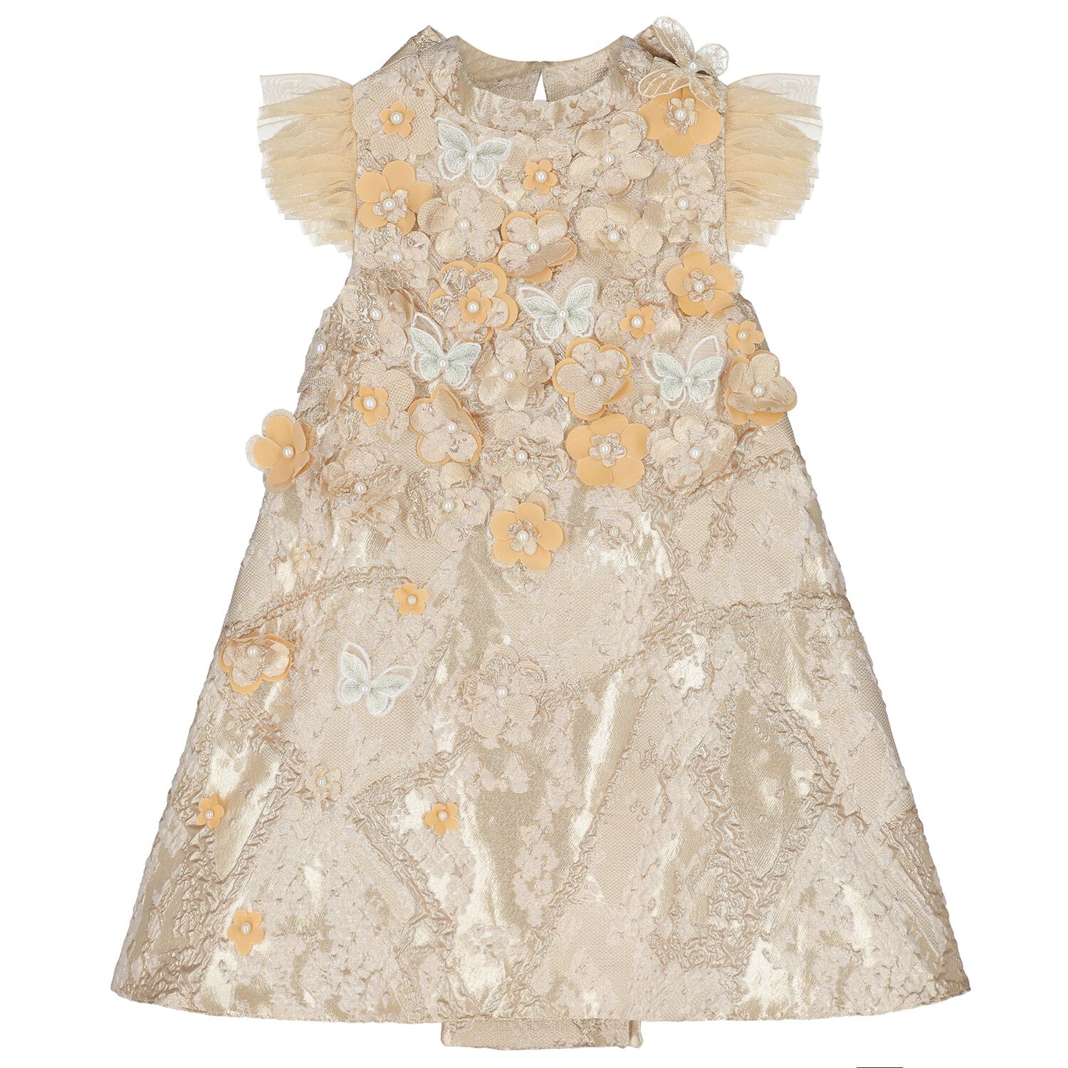 Girls Gold Butterfly Jacquard Dress, 1, hi-res