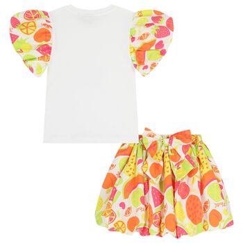 Girls White & Orange Cherry Skirt Set