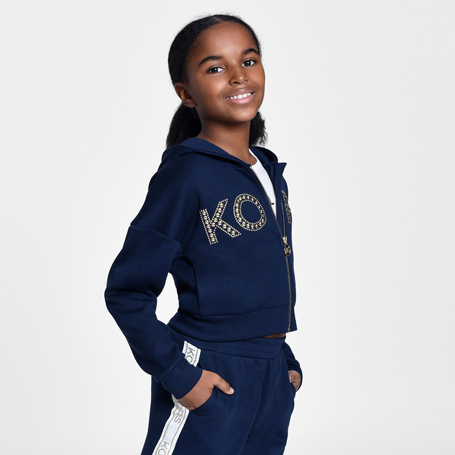 Girls Navy Blue Logo Hooded Zip Up Top, 2, hi-res