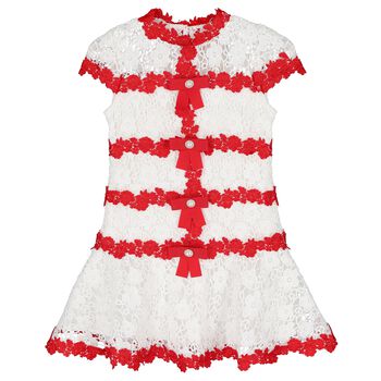 Girls White & Red Embroidered Floral Dress