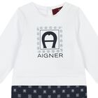 Baby Boys White & Navy Blue Logo Babygrow, 1, hi-res