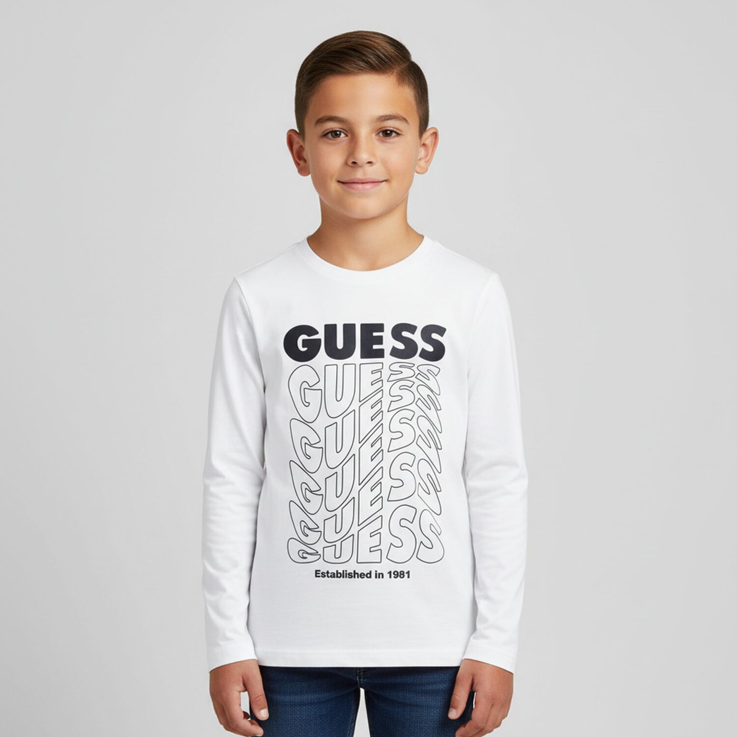 Boys White Logo Long Sleeve Top, 2, hi-res image number null