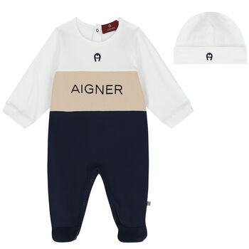 Baby Boys White, Beige & Navy Blue Logo Babygrow Set