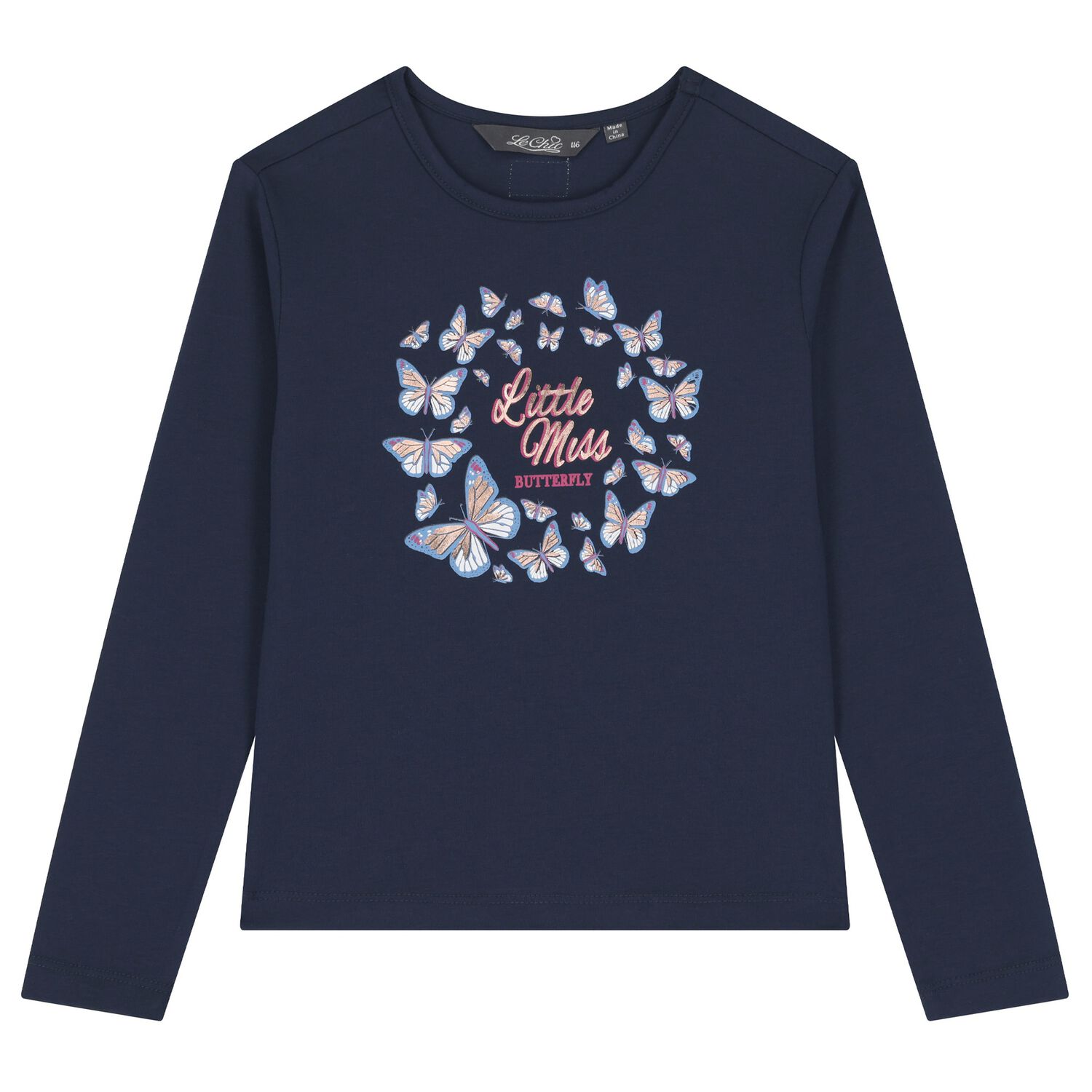 Girls Navy Blue Butterfly Long Sleeve Top, 1, hi-res image number null