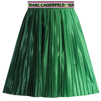 Girls Green Logo Pleated Skirt