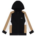 Boys Black, Beige & Ivory Logo Hooded Zip Up Top, 1, hi-res