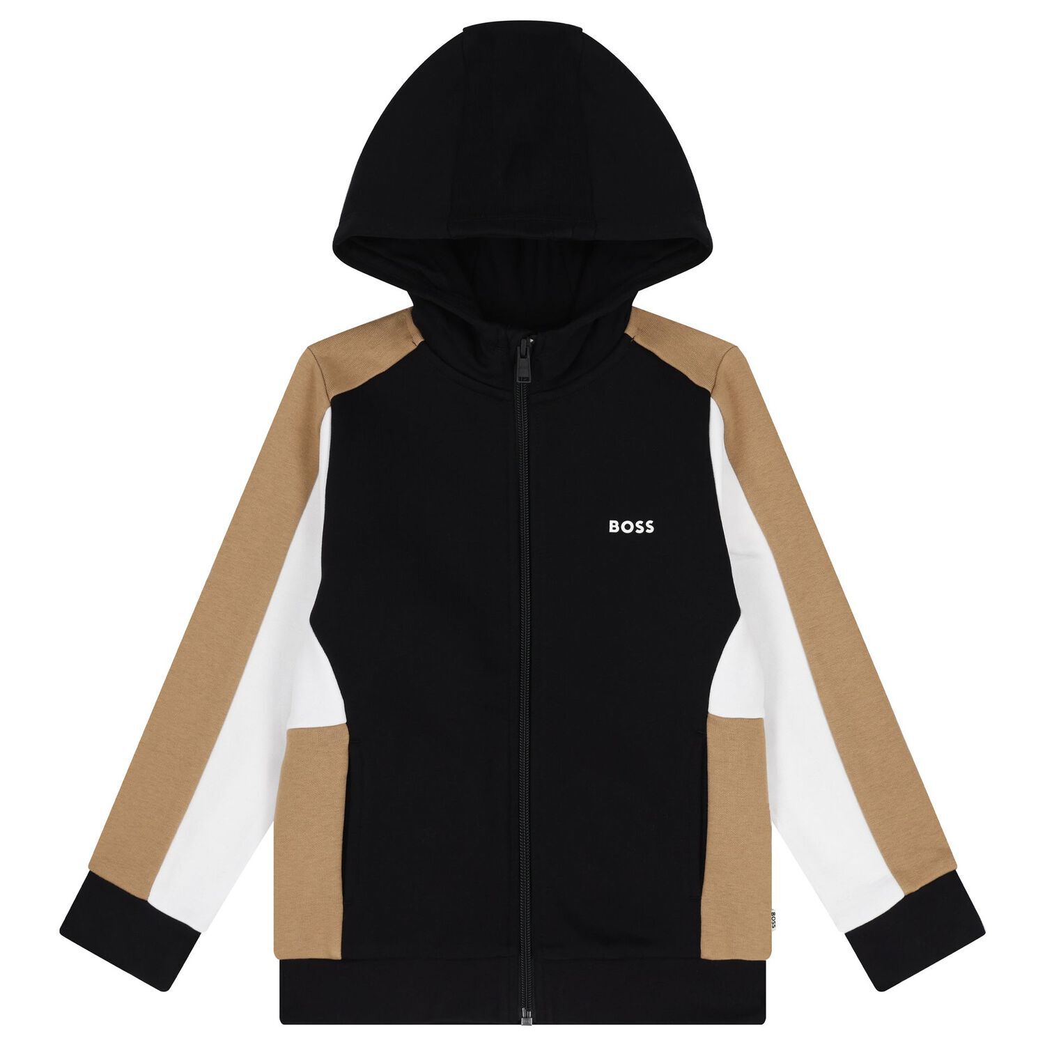 Boys Black, Beige & Ivory Logo Hooded Zip Up Top, 1, hi-res