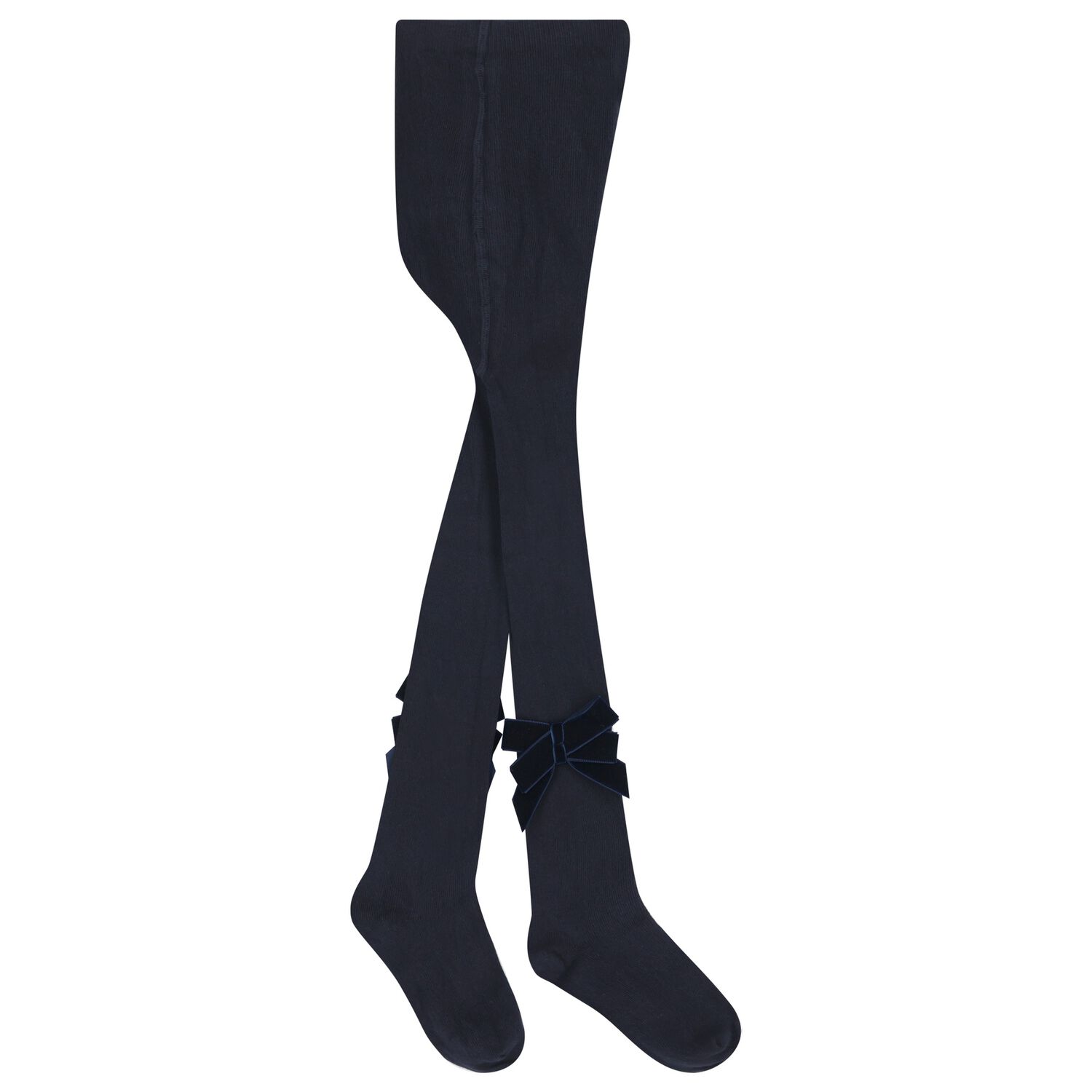 Girls Navy Blue Velvet Bow Tights, 1, hi-res