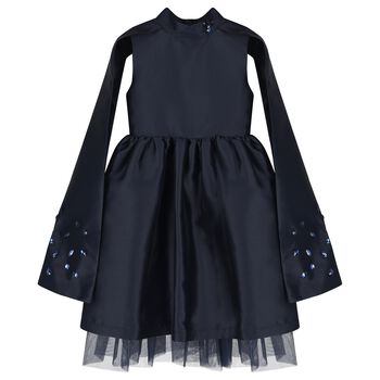 Girls Navy Blue Crystal Cape Sleeve Dress