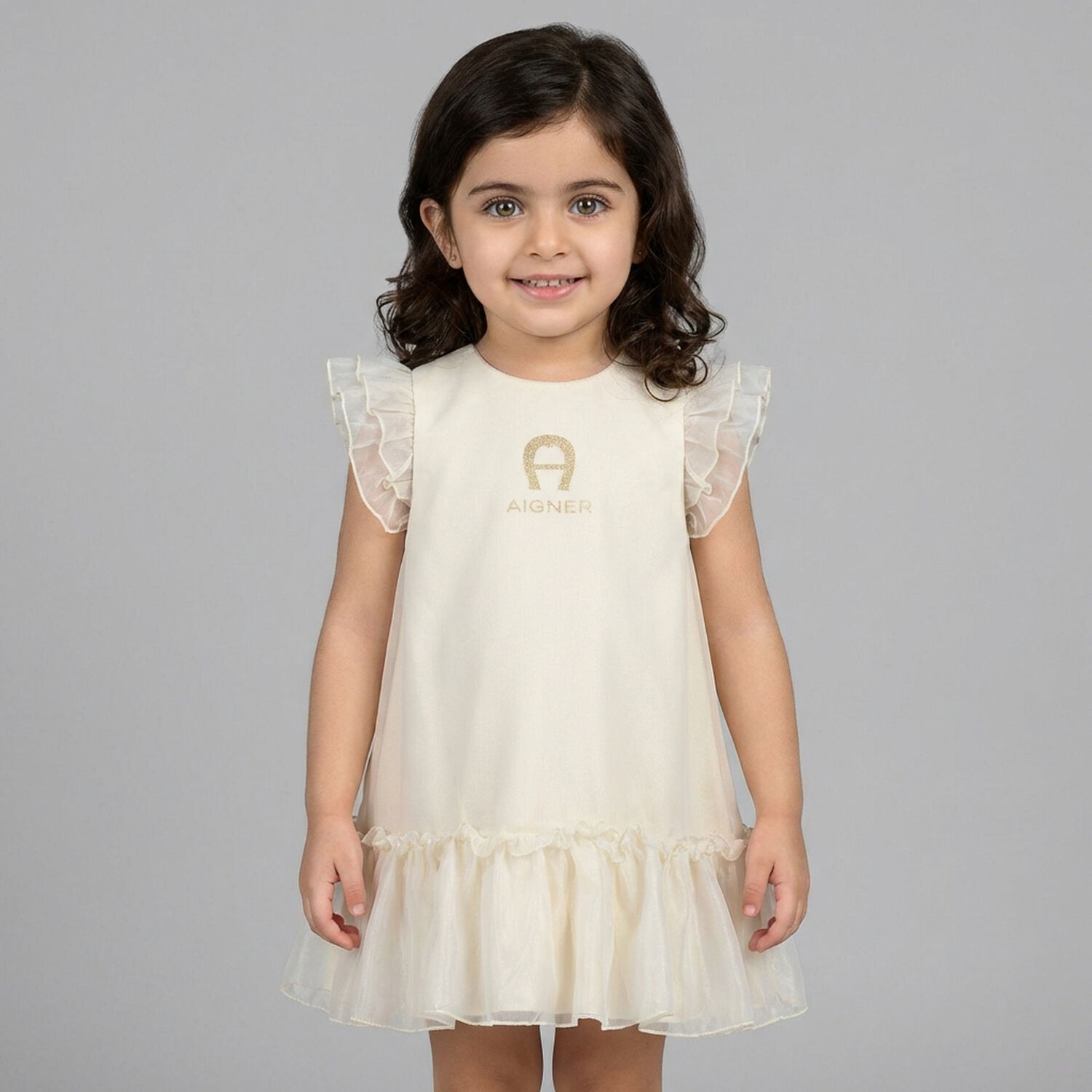 Younger Girls Beige & Gold Ruffled Dress, 1, hi-res