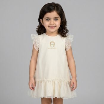 Younger Girls Beige & Gold Ruffled Dress