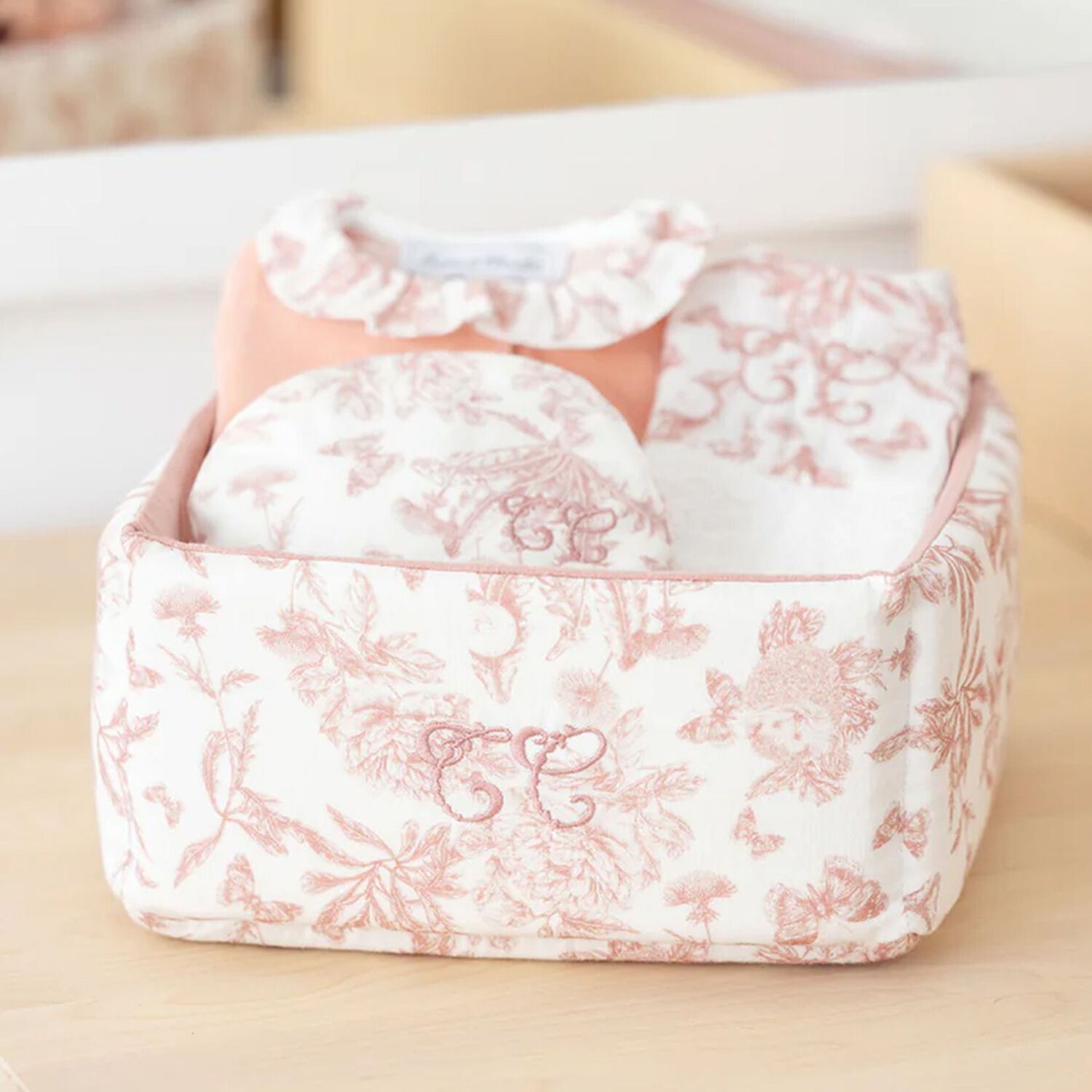 Baby Girls Ivory & Pink Toile De Jouy Accessory Basket, 3, hi-res