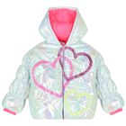 Girls Silver Iridescent Heart Puffer Jacket, 1, hi-res