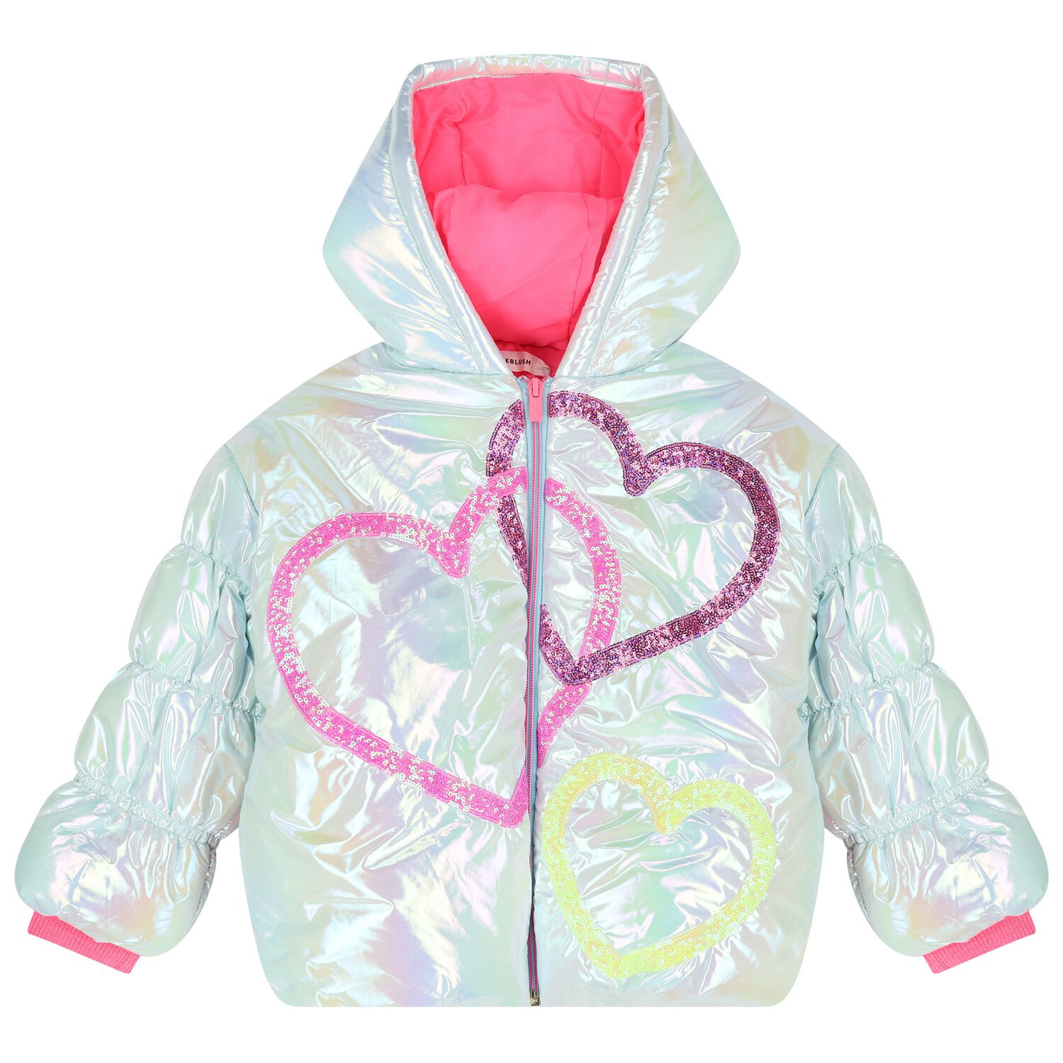 Girls Silver Iridescent Heart Puffer Jacket, 1, hi-res