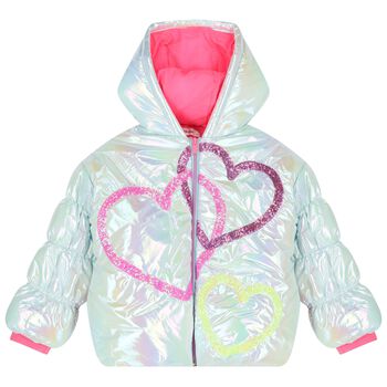Girls Silver Iridescent Heart Puffer Jacket