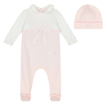 Baby Girls Pink & White Bow Babygrow Set