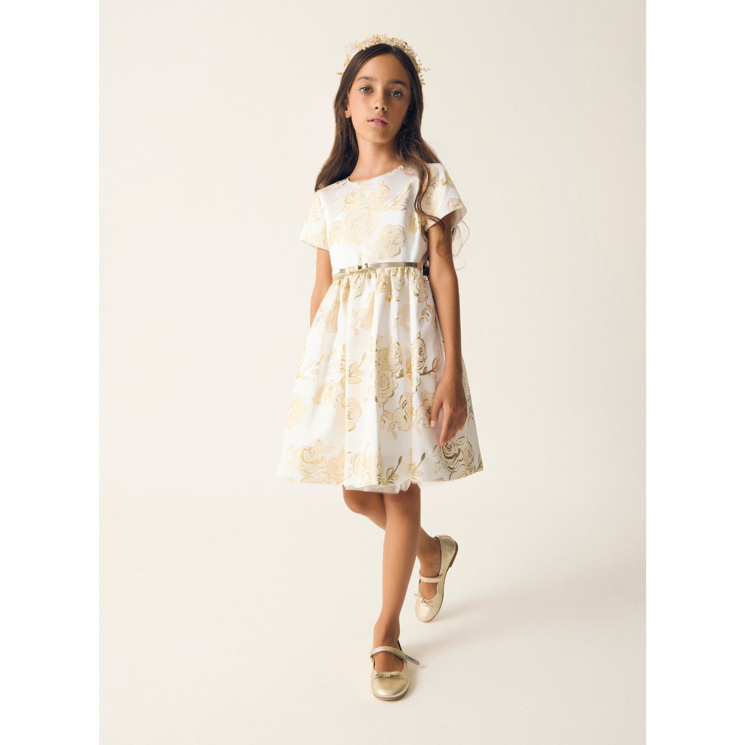 فستان بنات باللون الأبيض والذهبي, 1, hi-res
