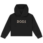 توب هودى قصير بنات بالشعار باللون الاسود, 1, hi-res